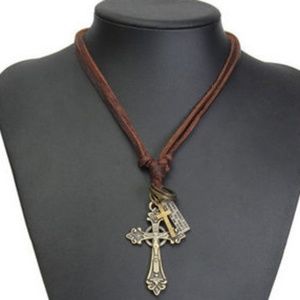 Unisex adjustable leather crucifix cross necklace